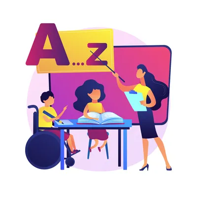 Illustration éducatrice spécialisée qui travail la lecture et l'écriture auprès d'adultes en situation de handicap - conçu par freepik